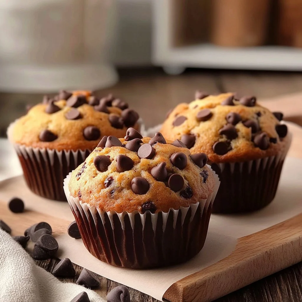 Muffins de Chispas de Chocolate recién horneados y servidos en un plato.
