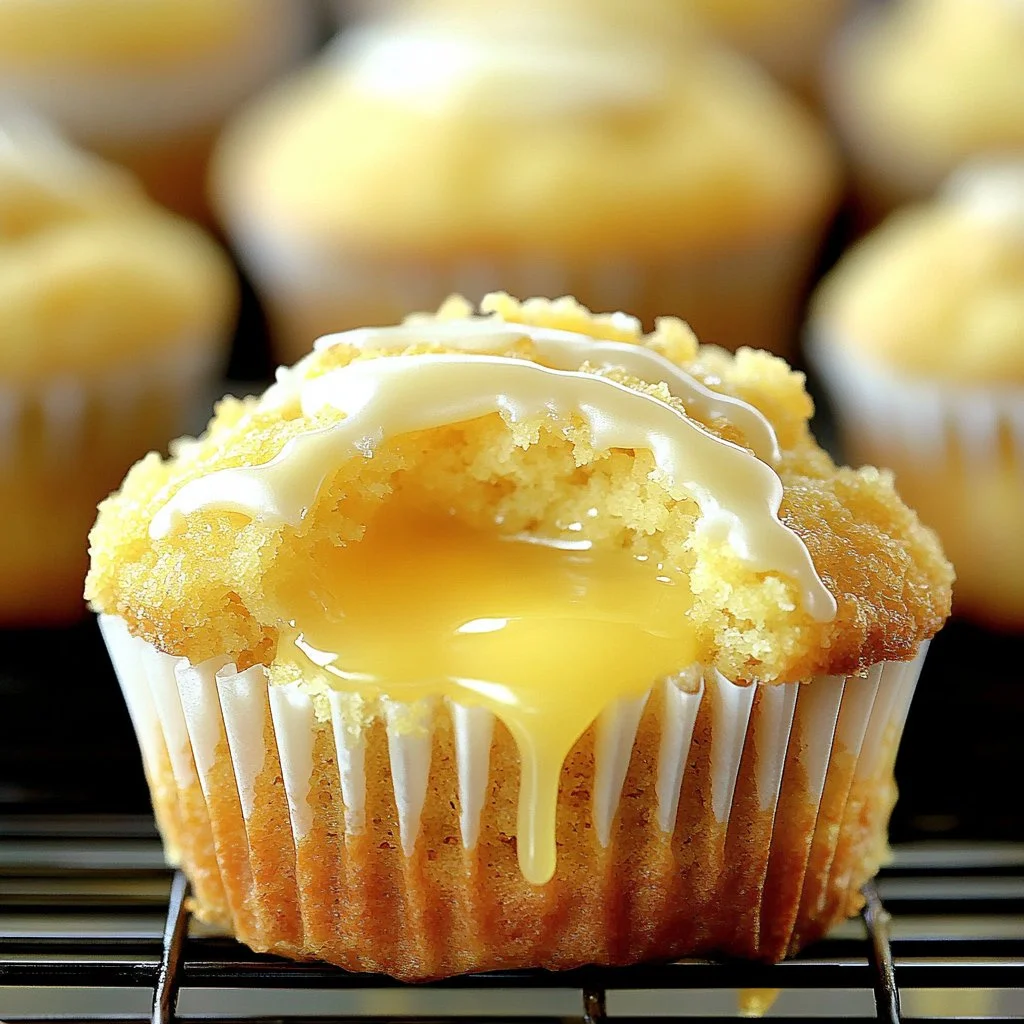Muffins de Curd de Limón recién horneados y esponjosos con glaseado de limón.