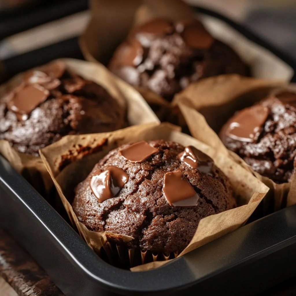 Muffins de doble chocolate al estilo de panadería, deliciosos y esponjosos.