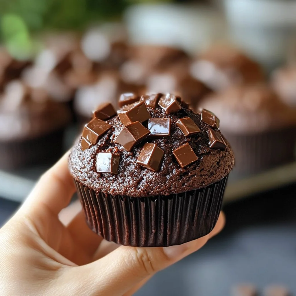 Muffins de doble chocolate con chispas saliendo del horno