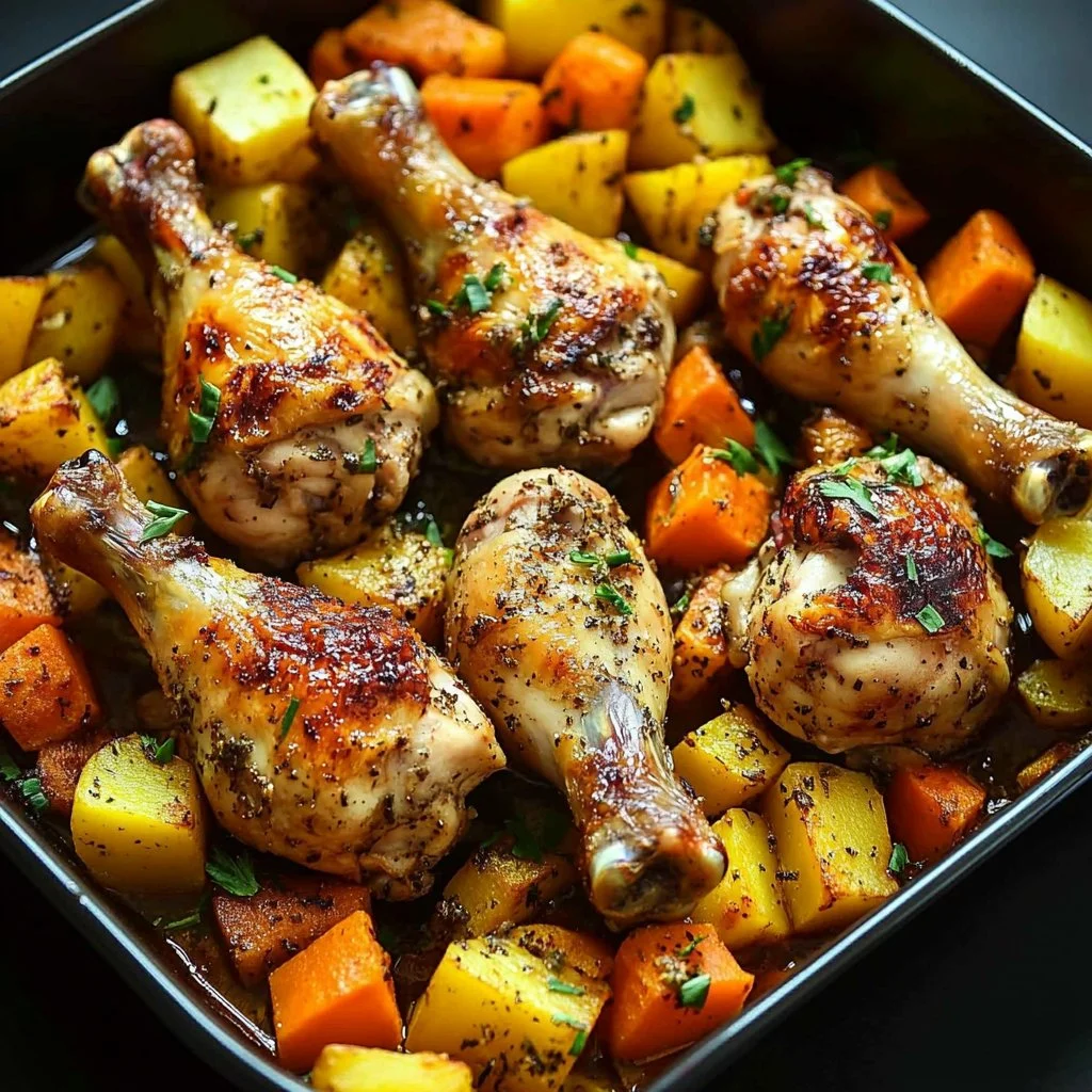 Muslos de pollo asados con hierbas y verduras en un plato