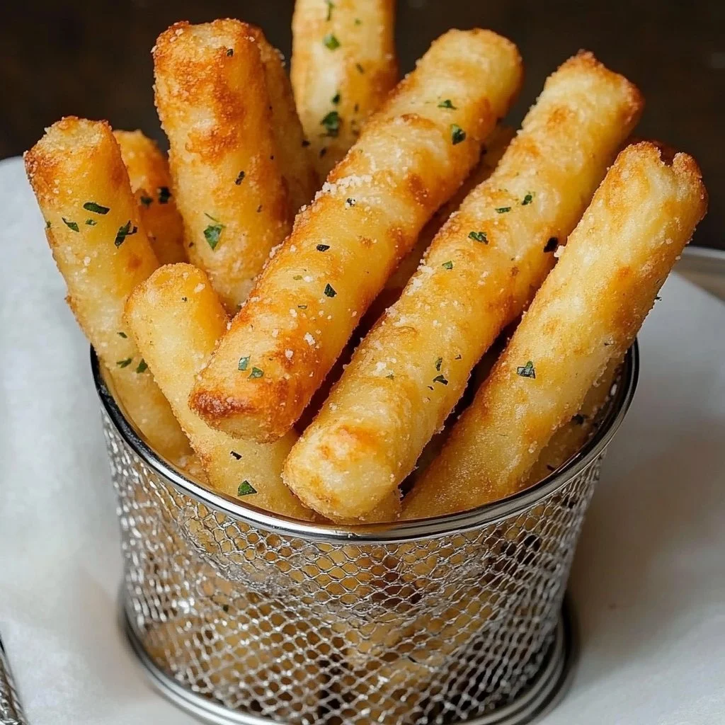 Deliciosos palitos de patata y queso crujientes, perfectos como aperitivo.