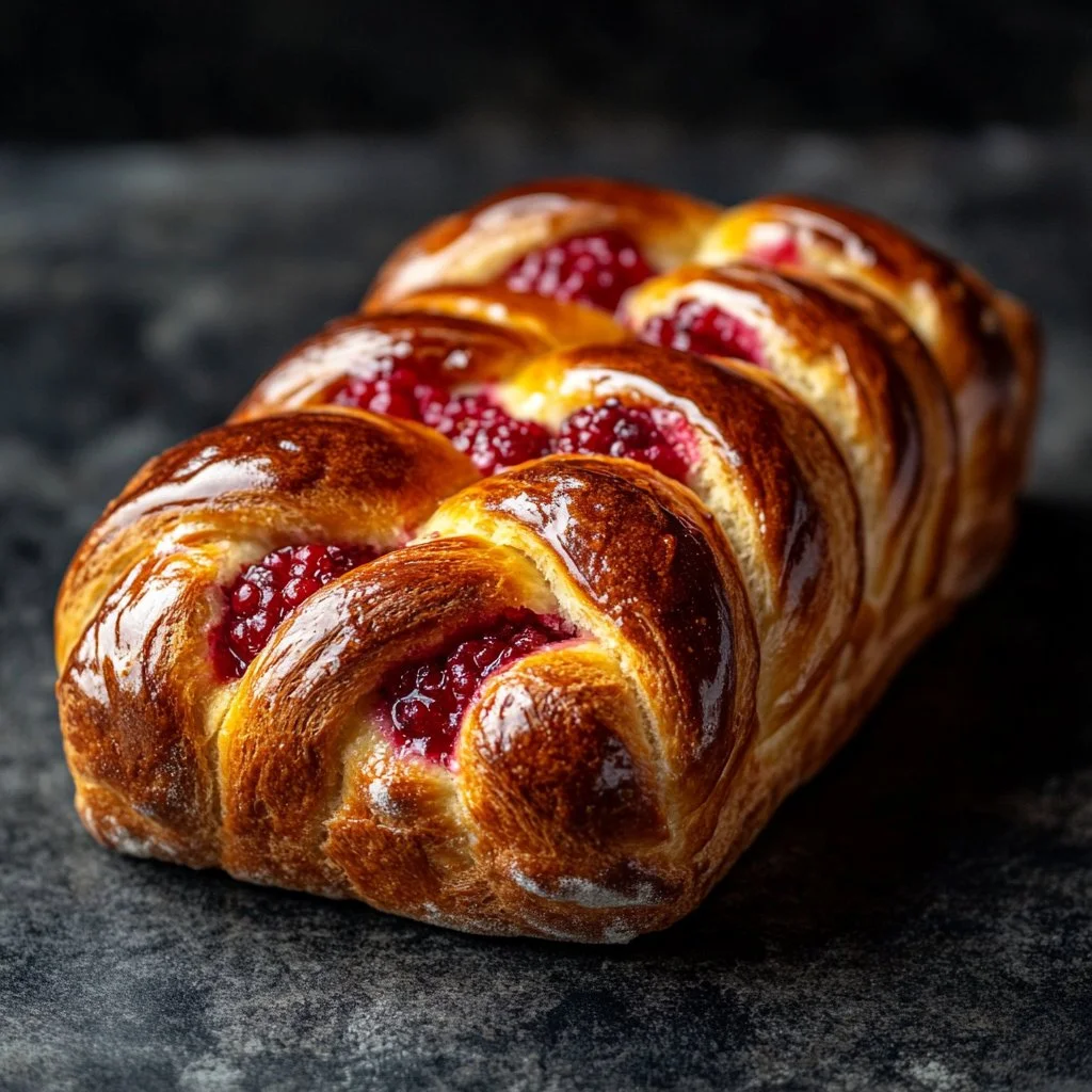 Pan de brioche con remolinos de frambuesa recién horneado