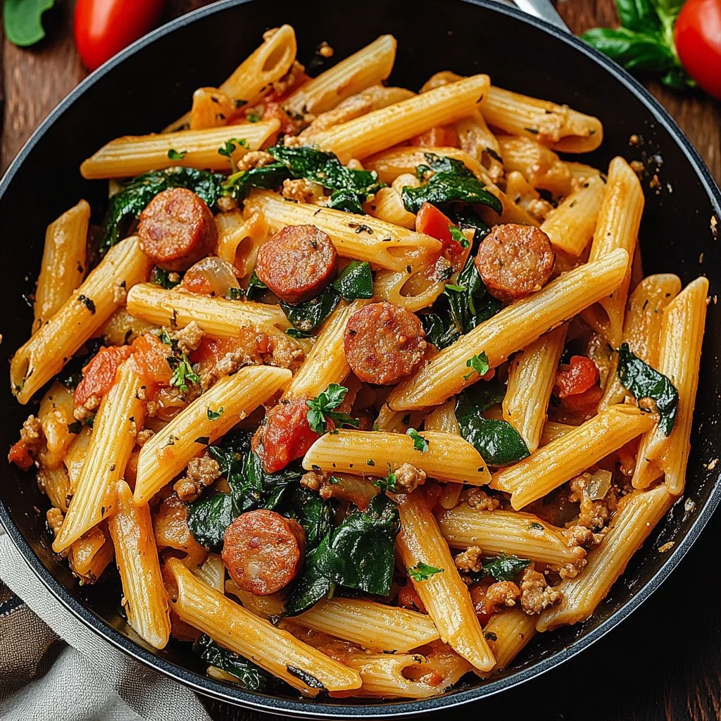 Plato de Pasta con Salchicha Cajún, deliciosa comida rápida y llena de sabor