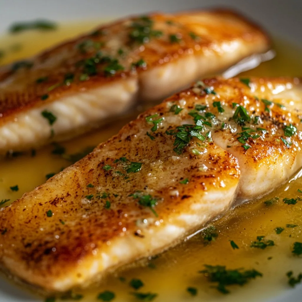 Pescado frito en sartén servido con salsa de limón y mantequilla