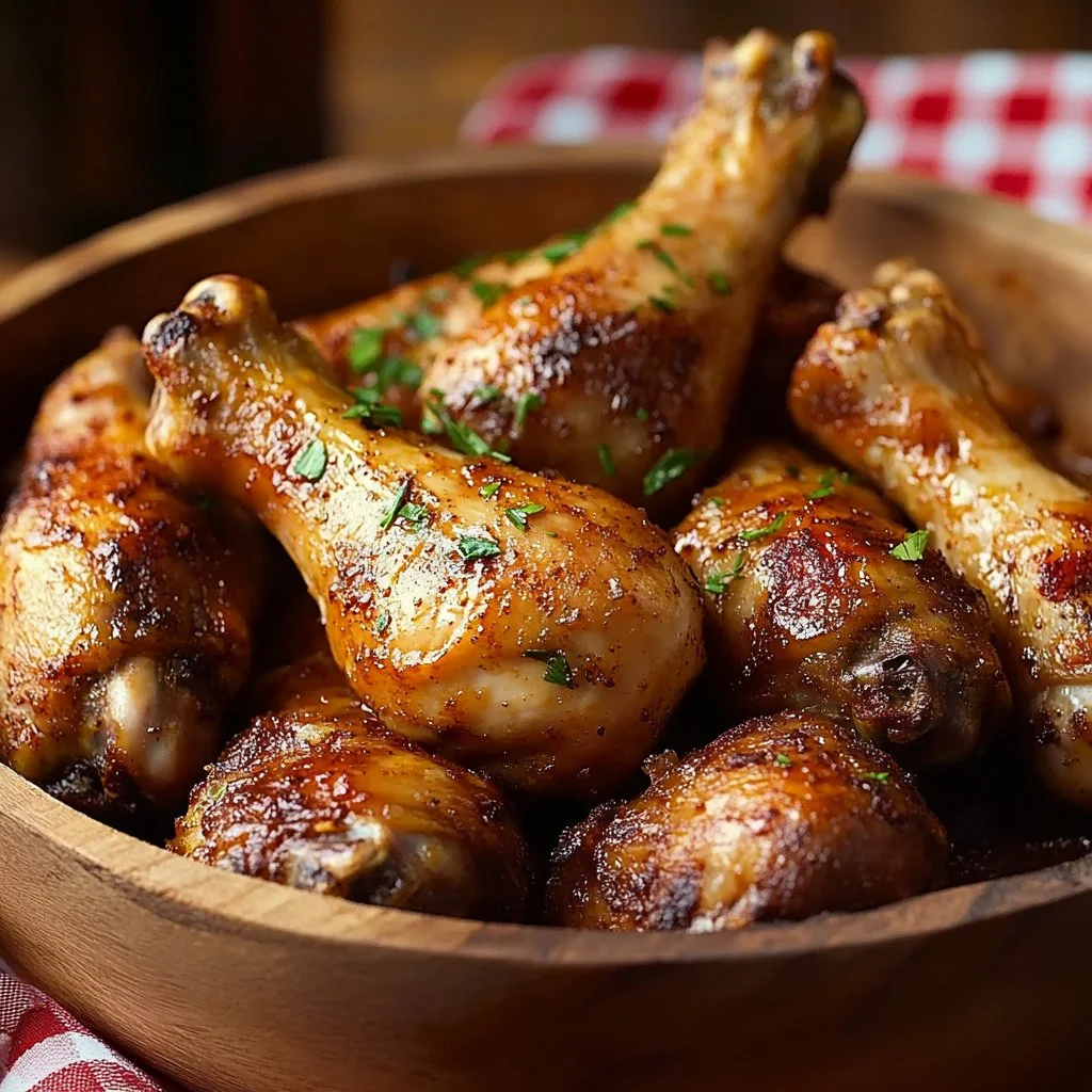 Piernas de pollo horneadas doradas y jugosas en un plato