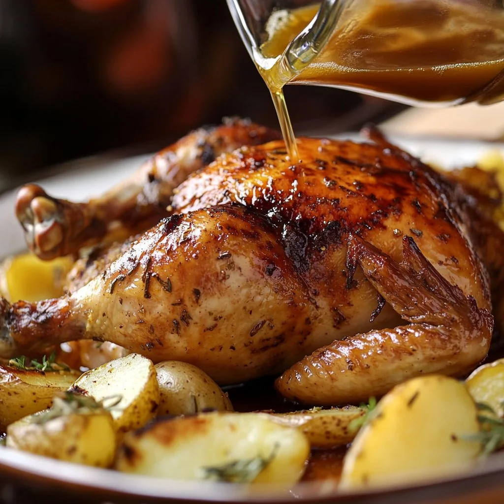 Pollo a la Cerveza Asado al Horno en una bandeja lista para servir.