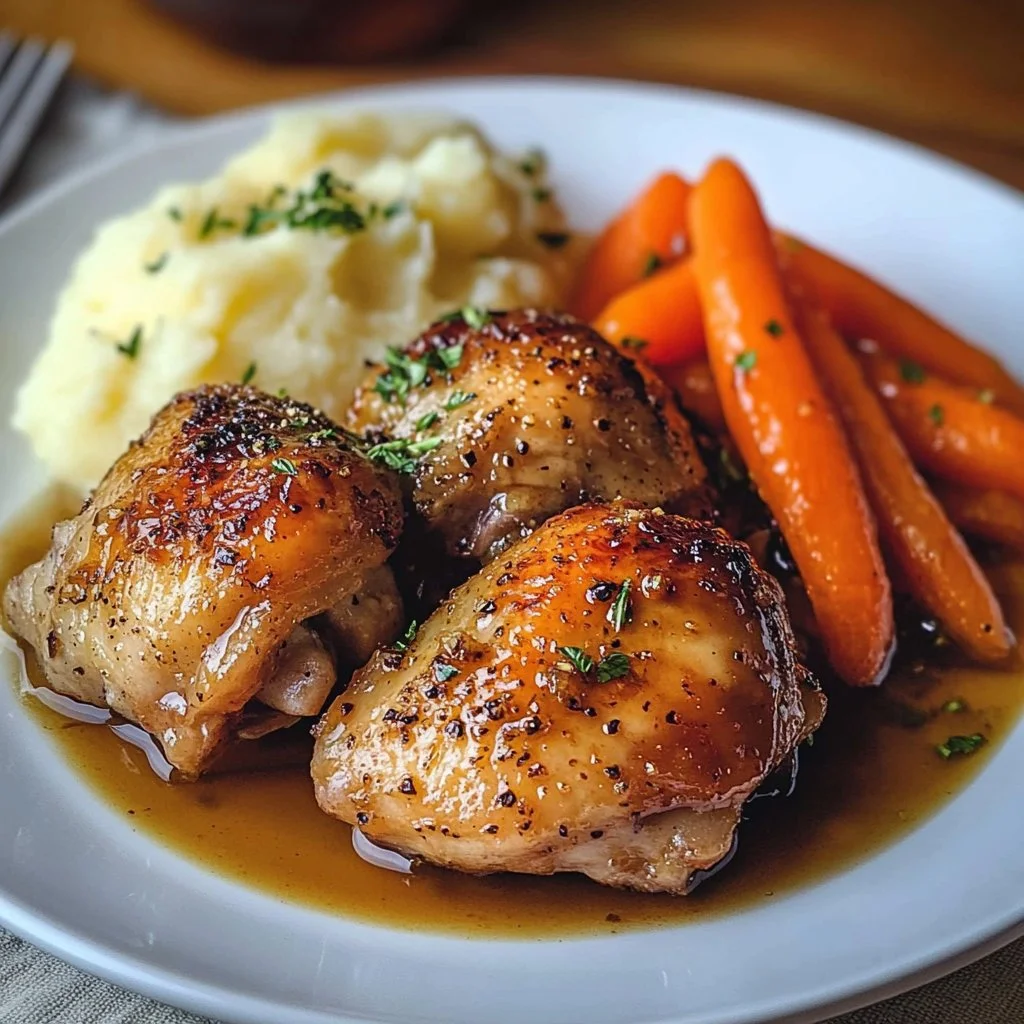 Pollo a la hierbas servido con zanahorias asadas y puré de patatas cremoso