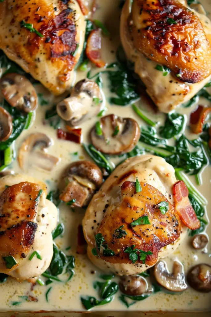Pollo Cubierto Con Espinacas A La Crema Tocino y Champiñones ¡Sabor Excepcional que te Enamorará!