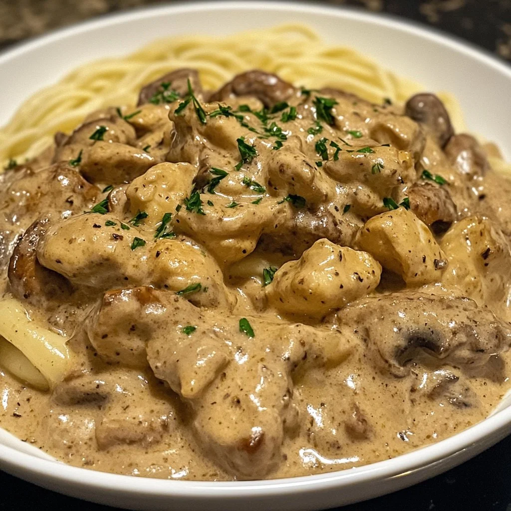 Plato delicioso de Pollo Stroganoff con salsa cremosa y champiñones.