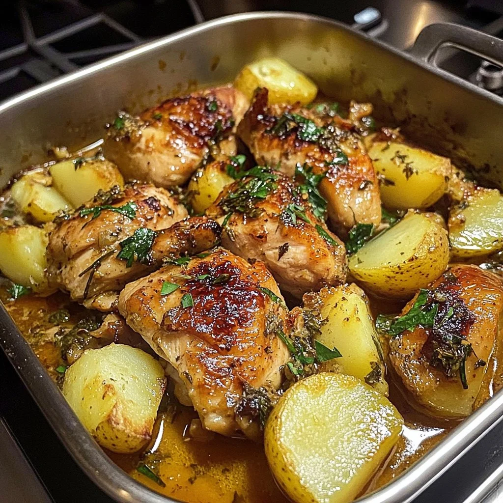Receta de Pollo al Limón Griego con papas doradas y jugosas en un plato
