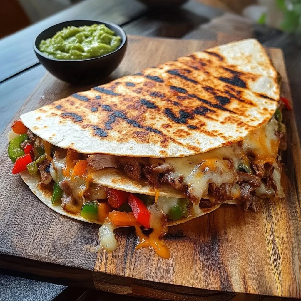 Quesadillas de fajita con pollo recién preparadas en un plato.