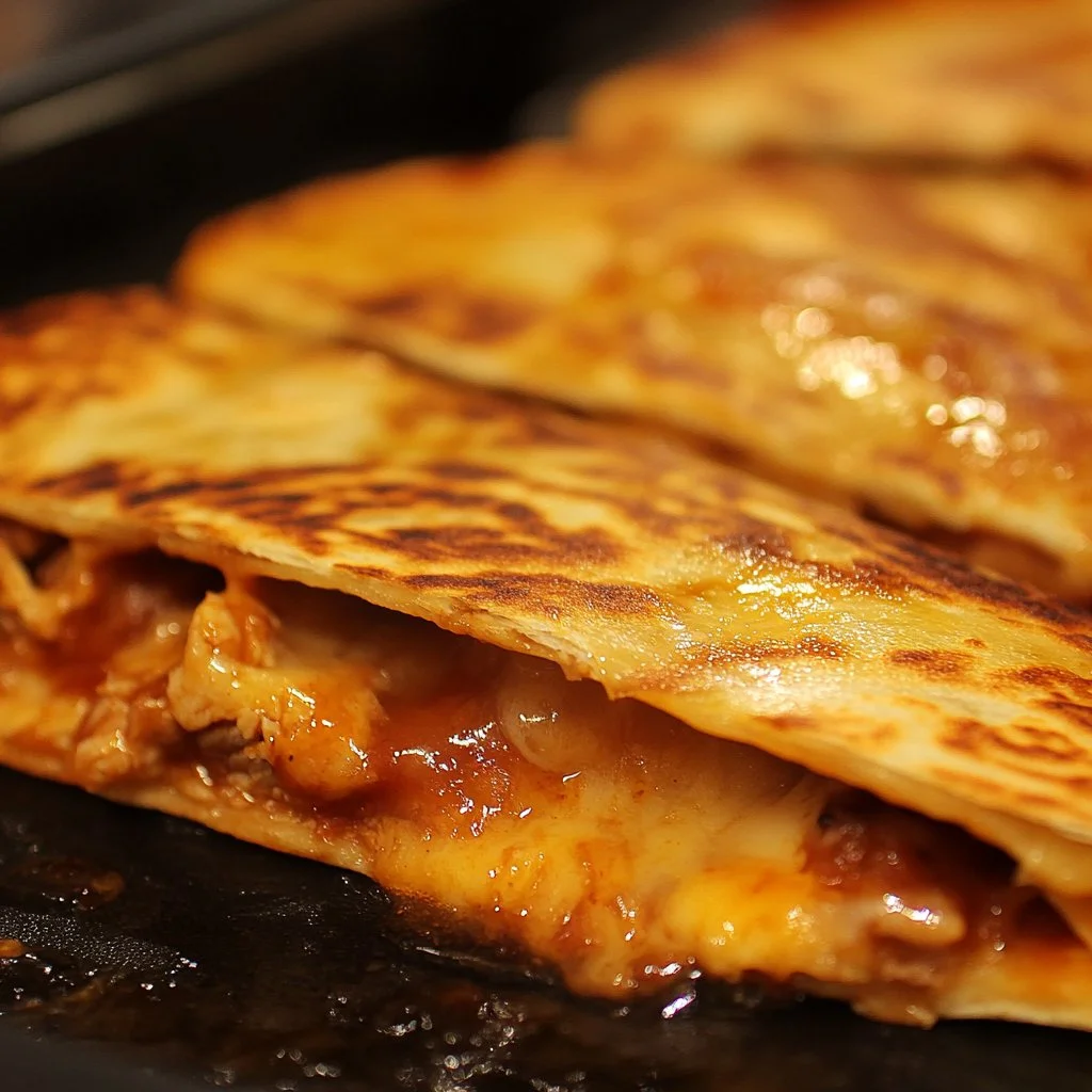 Quesadillas de pollo BBQ picante Blackstone con miel, listas para disfrutar.