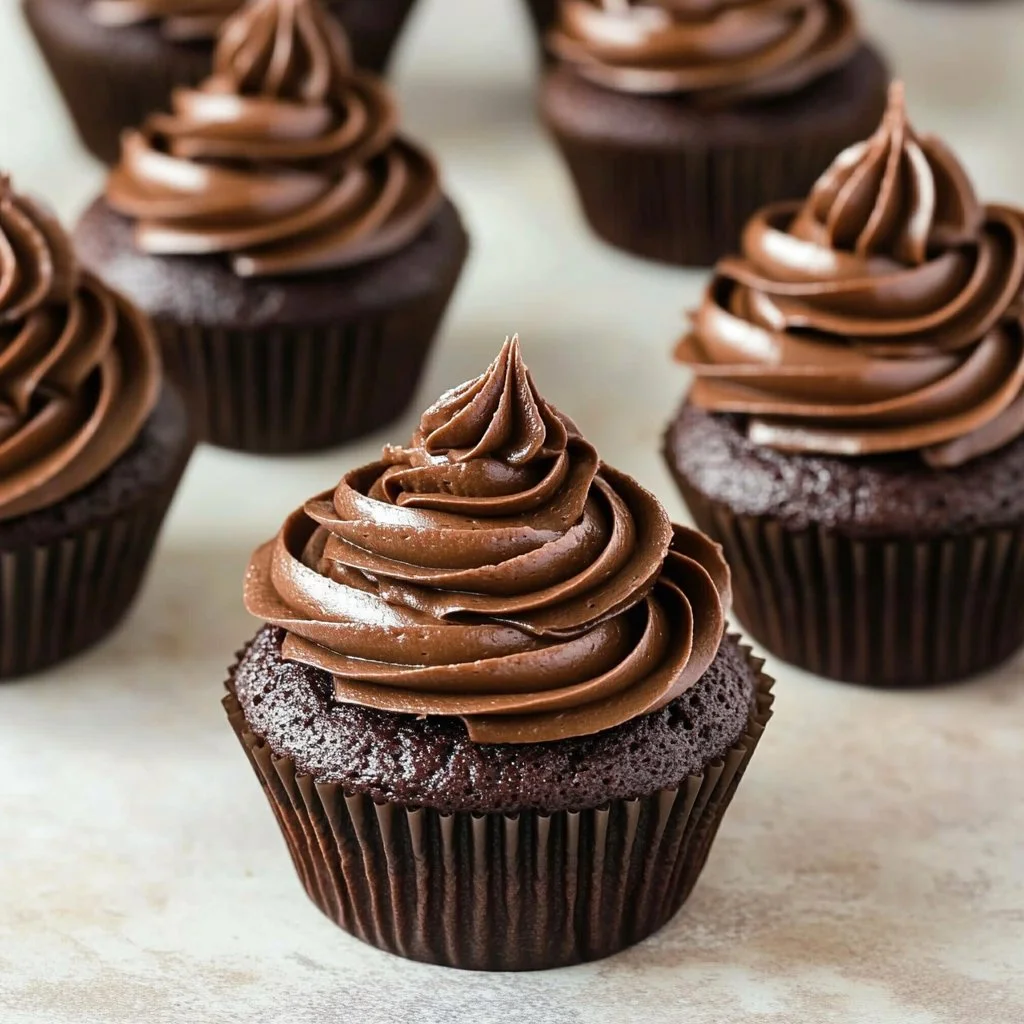 Deliciosos cupcakes de chocolate recién horneados con cobertura de chocolate