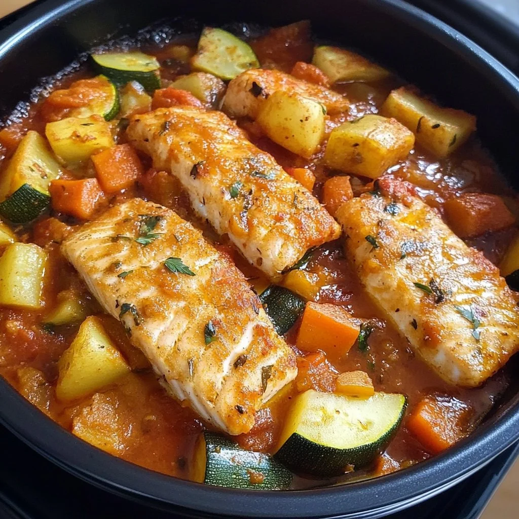 Plato de pescado al horno con verduras frescas y especias