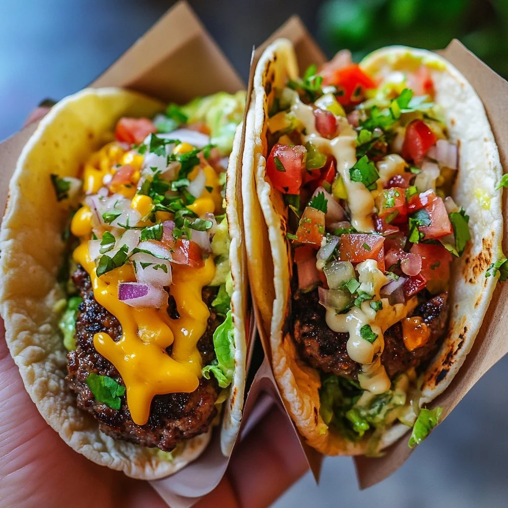 Tacos de Smash Burger preparados con carne jugosa y ingredientes frescos