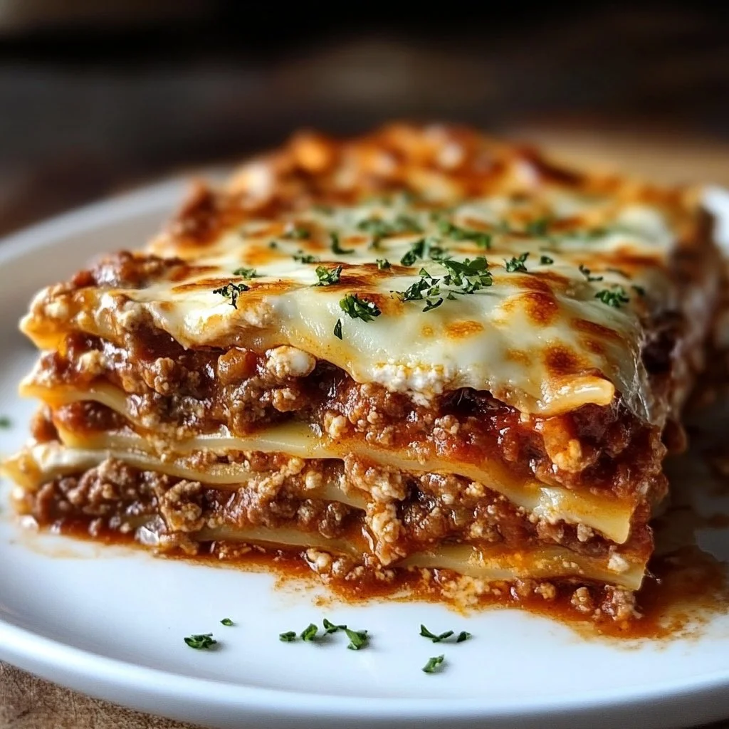 Plato de lasaña casera con 7 capas y ingredientes frescos