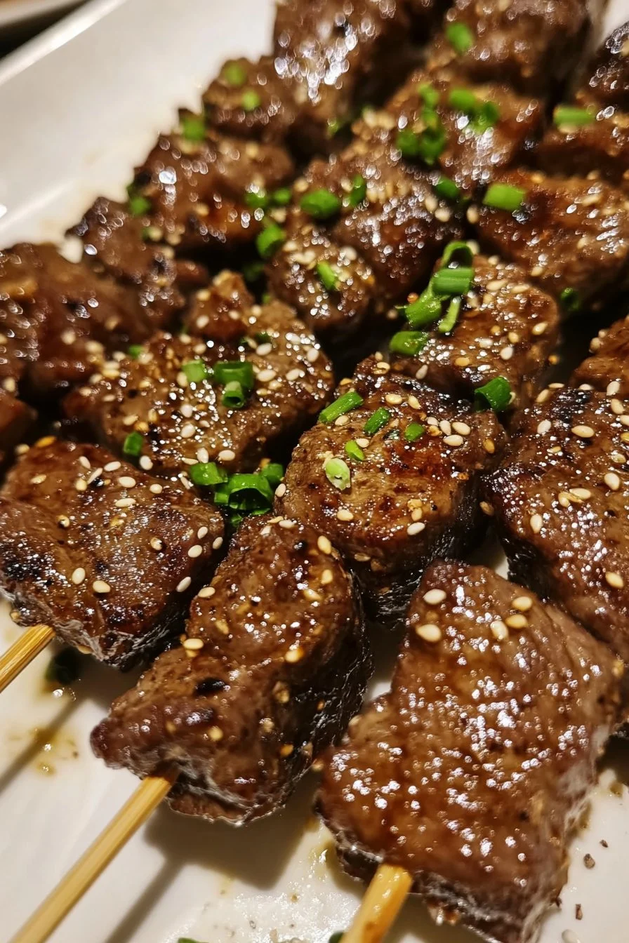 Brochetas de res con salsa teriyaki y sésamo