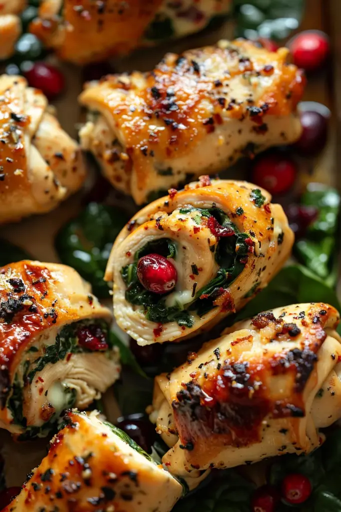Rollitos de Pollo Navideños Rellenos de Queso Espinaca y Arándanos - ¡Exquisita explosión de sabores festivos!