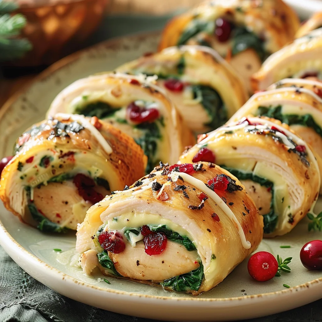Rollitos de Pollo Navideños Rellenos de Queso Espinaca y Arándanos