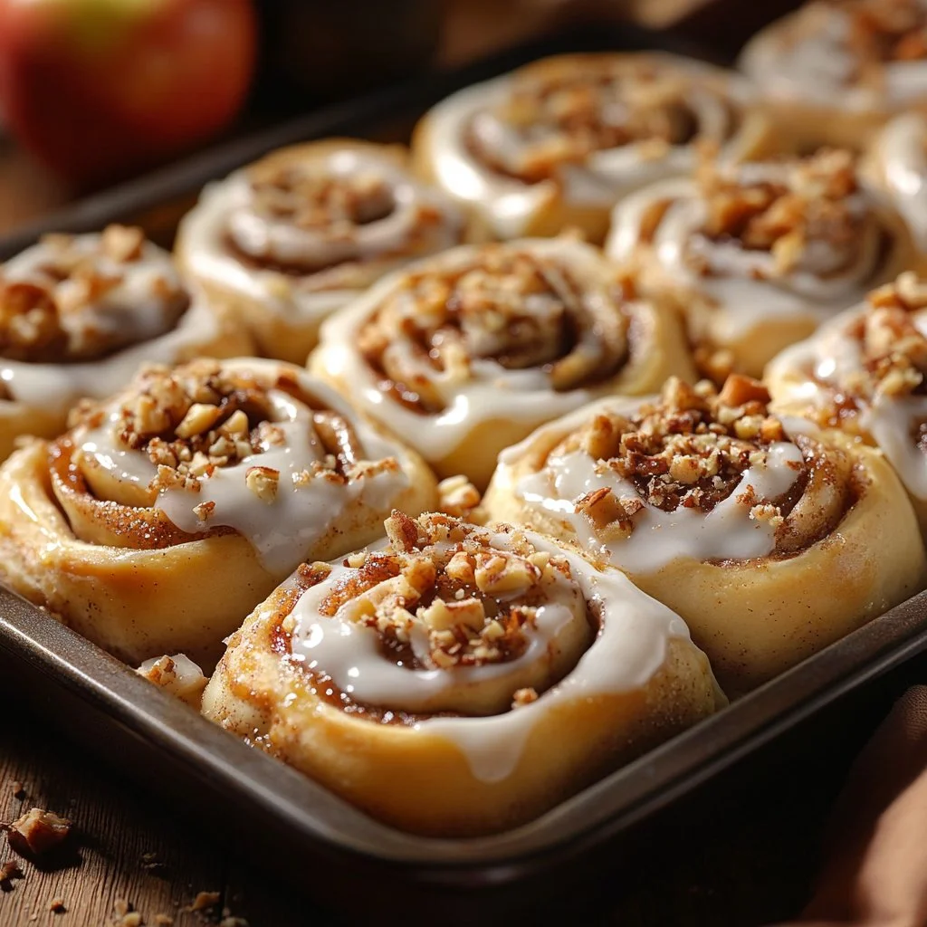 Rollos de Canela de Pastel de Manzana recién horneados y decorados