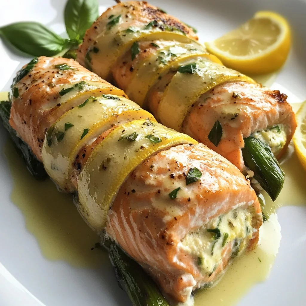 Rollos de salmón rellenos de ricotta, espárragos y albahaca de limón
