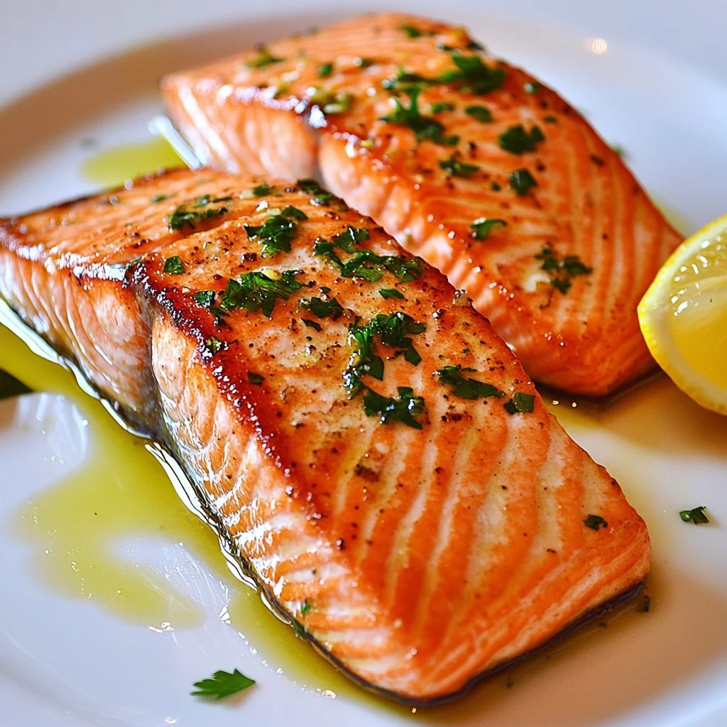 Salmón a la plancha con salsa de mantequilla de ajo y limón en un plato elegante