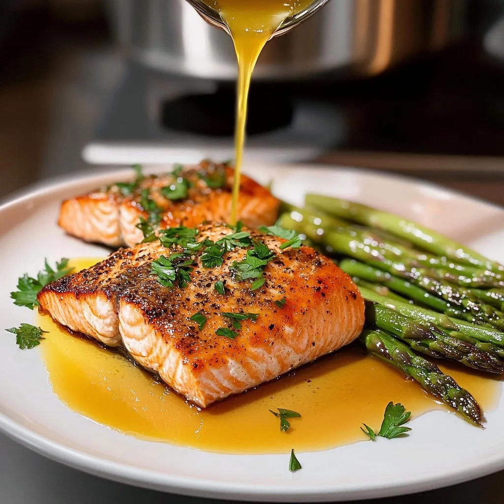 Delicioso salmón a la sartén servido con verduras frescas.