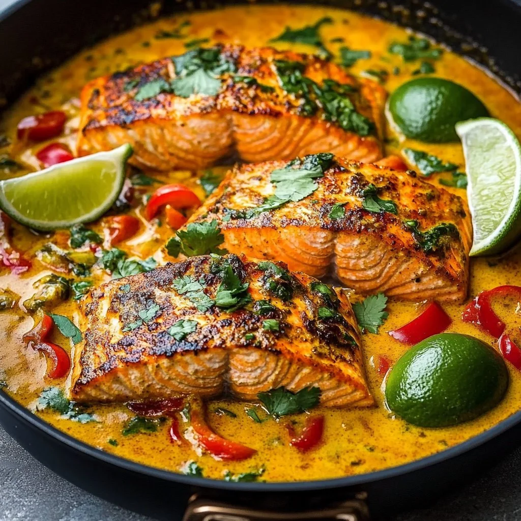 Plato de Salmón al Curry de Coco Caribeño servido con arroz y vegetales frescos