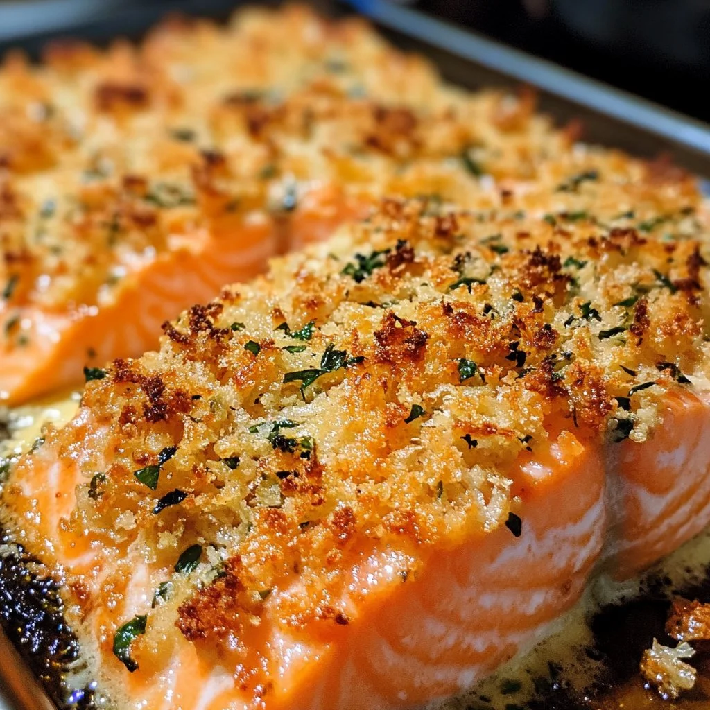 Salmón al horno con costra de parmesano servido en un plato elegante