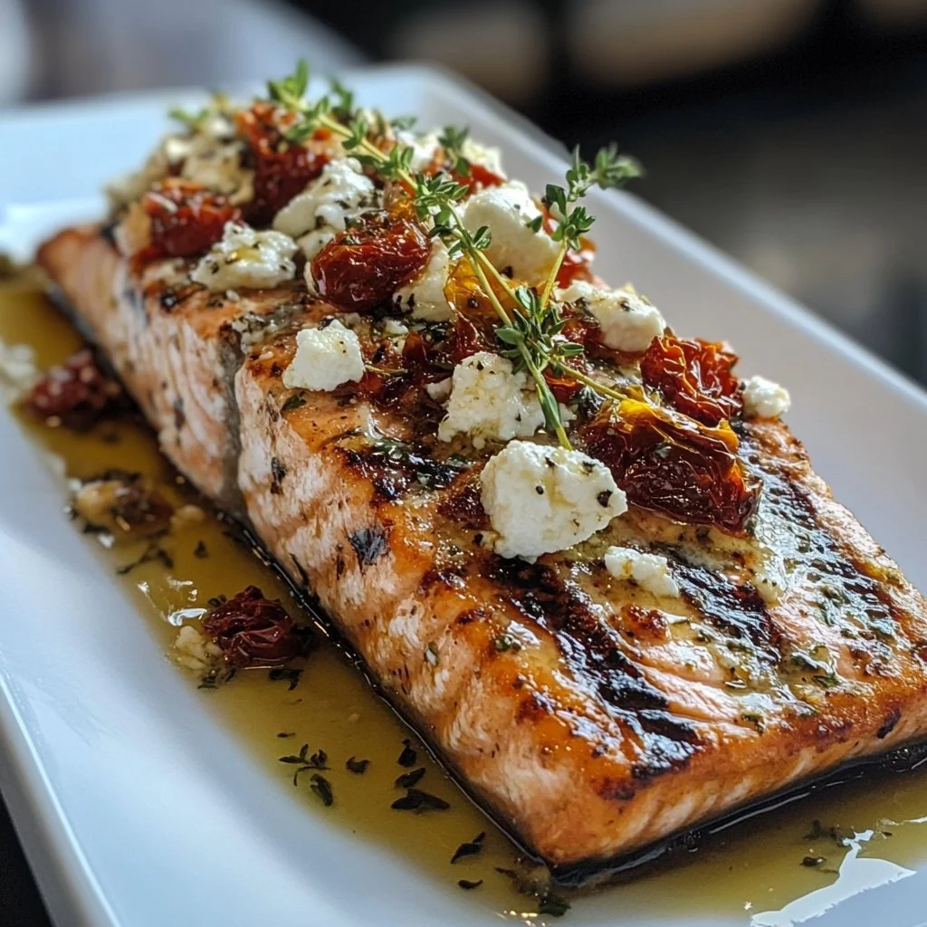 Salmón al horno con queso feta y tomates secos, una receta mediterránea deliciosa.