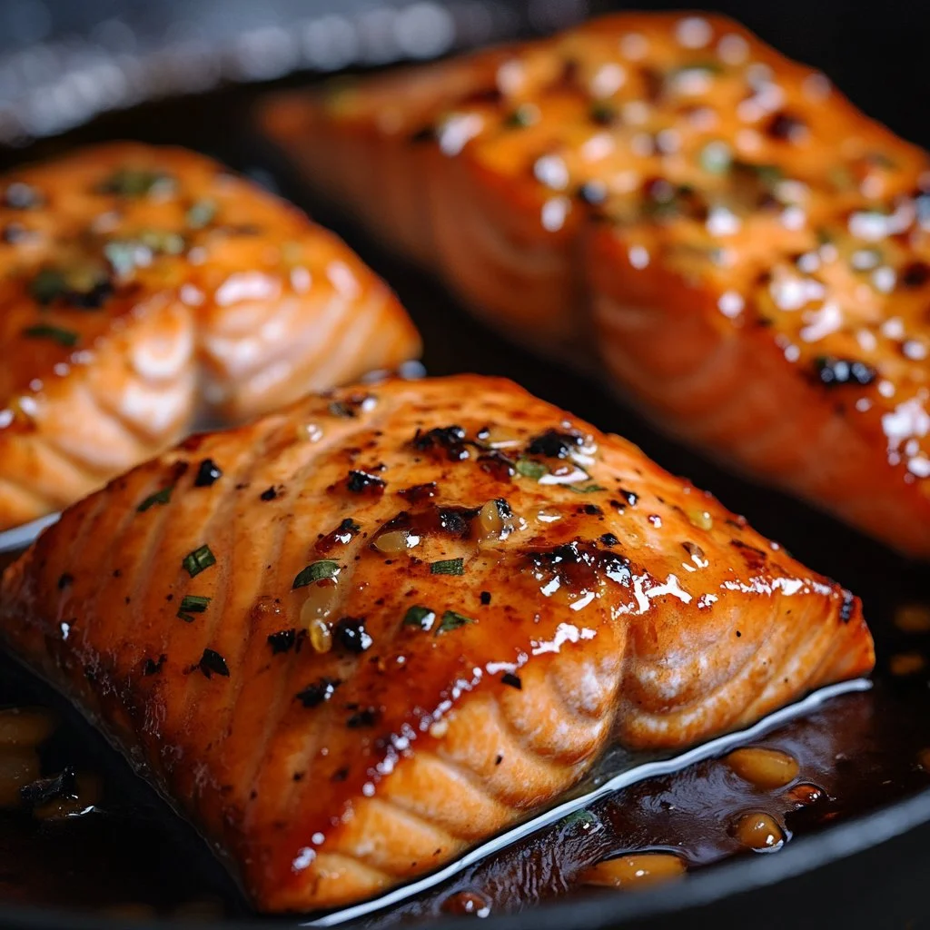 Salmón glaseado con mantequilla y miel servido en un plato gourmet.