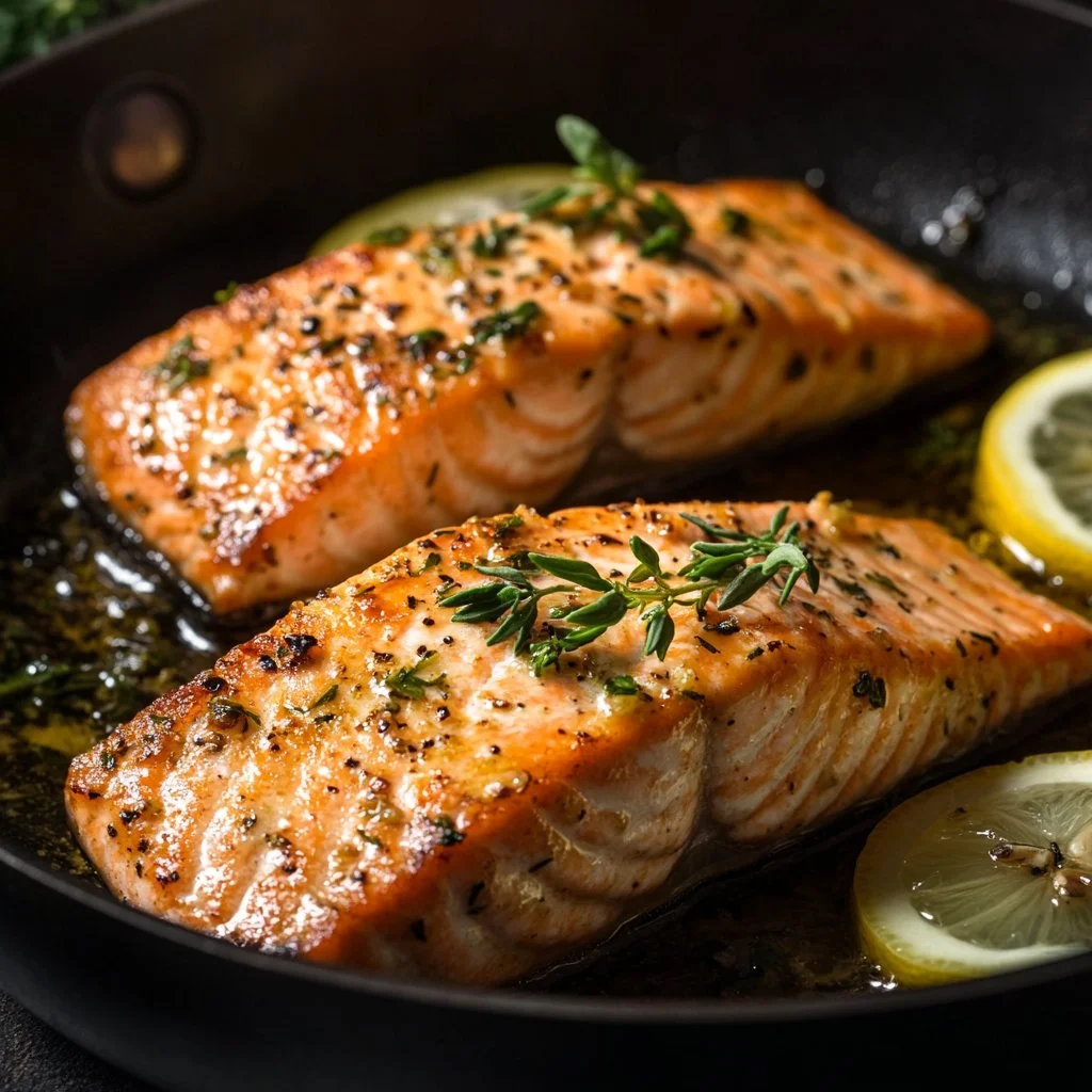 Plato de salmón con miel y ajo presentado en una tabla de cortar