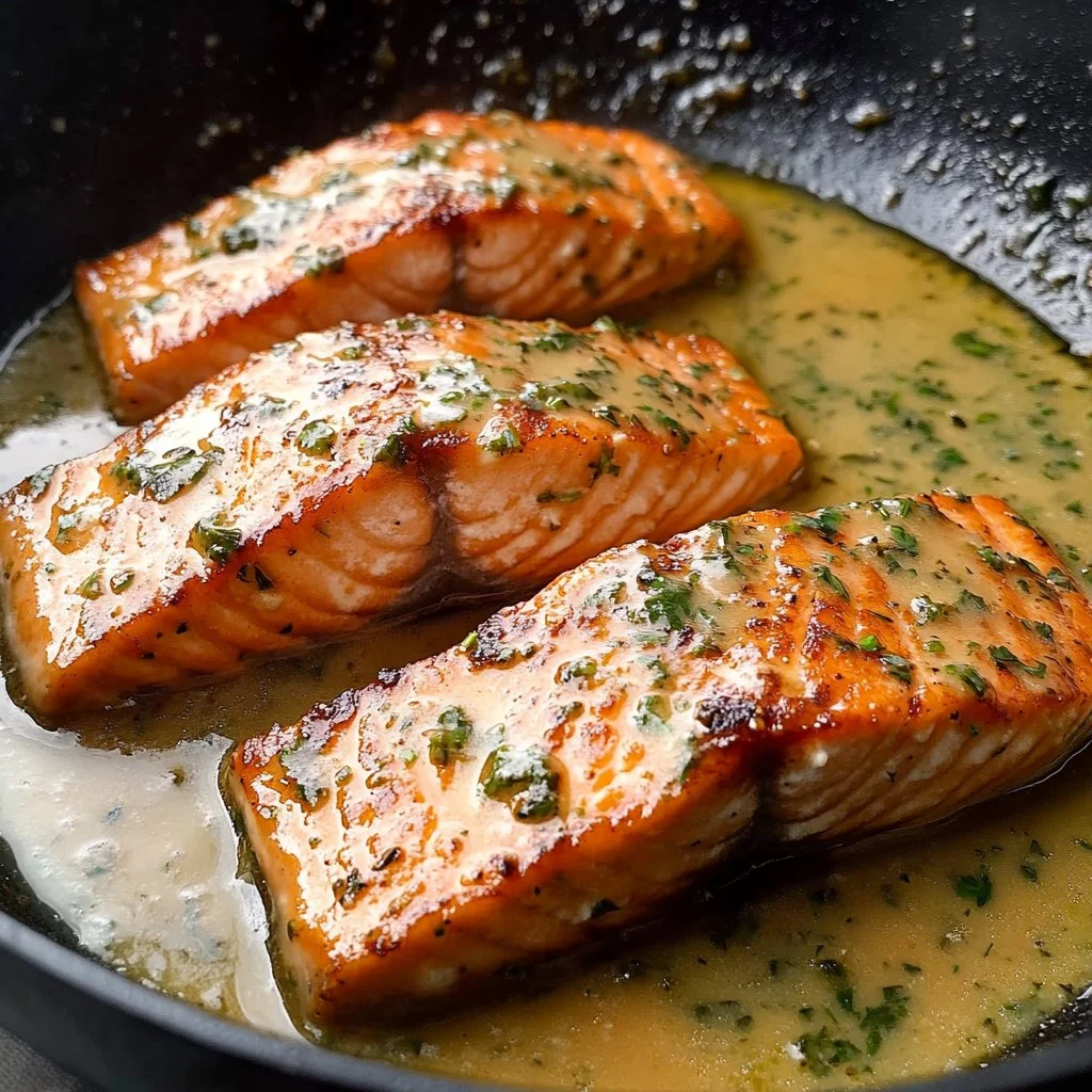 Salmón fresco con salsa de mantequilla de ajo servida en un plato atractivo