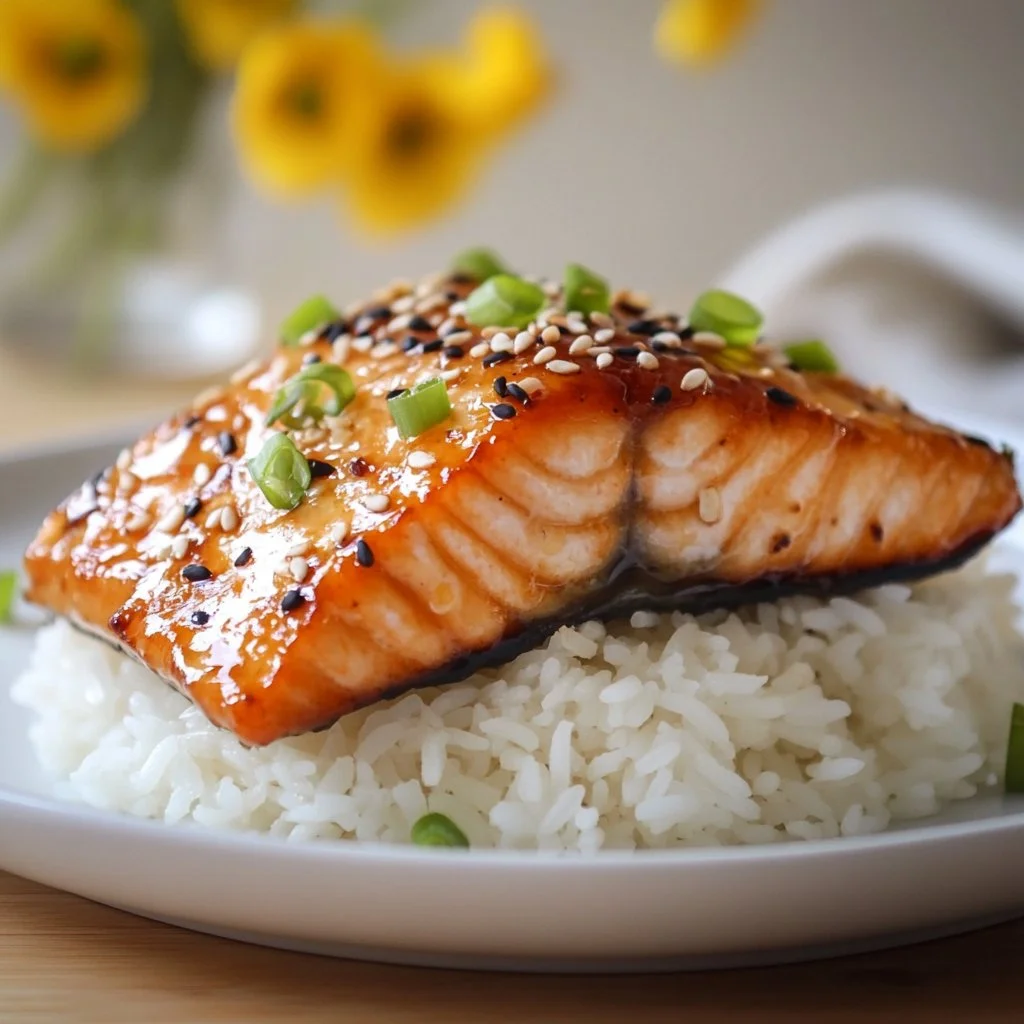 Salmón glaseado con salsa de soja y miel, servido en un plato gourmet.