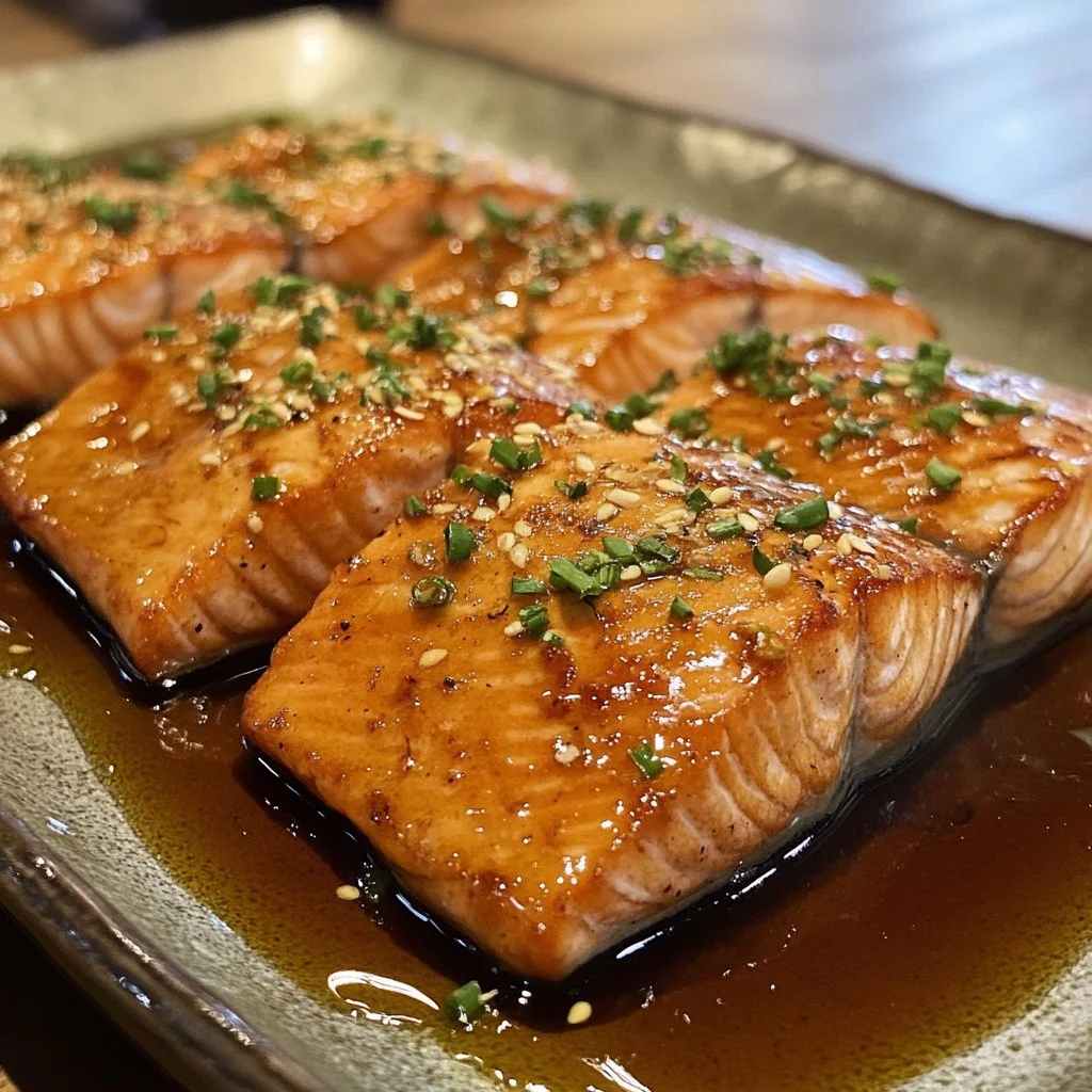Salmón con salsa teriyaki servido en un plato atractivo.