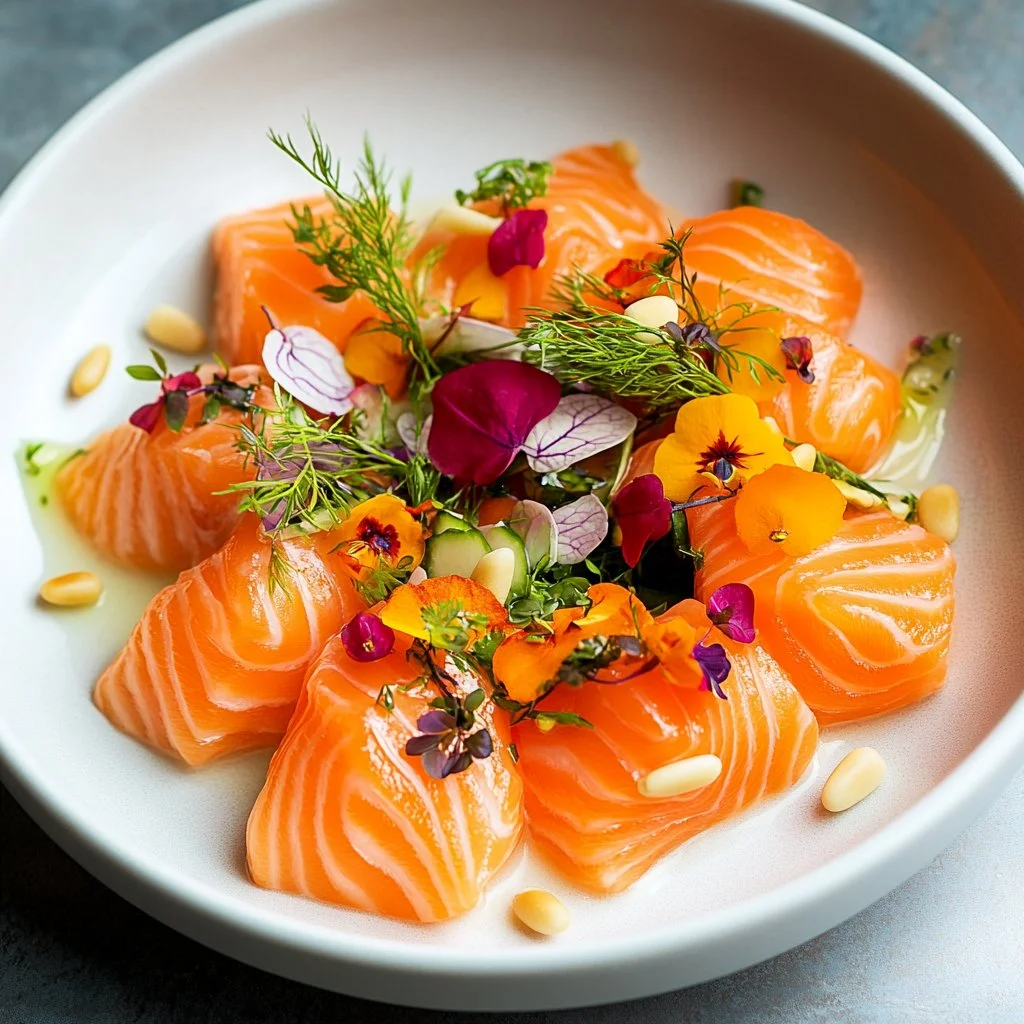 Plato de Salmón Crudo fresco y bien presentado con guarniciones