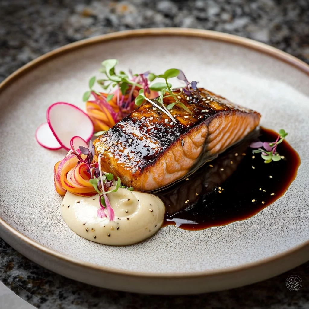 Salmón glaseado con sake y semillas de sésamo en un plato elegante