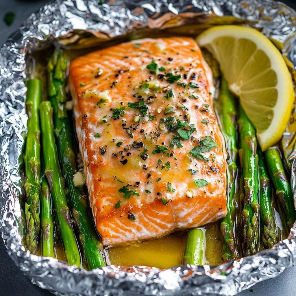 Salmón horneado en paquetes de papel de aluminio con espárragos y especias