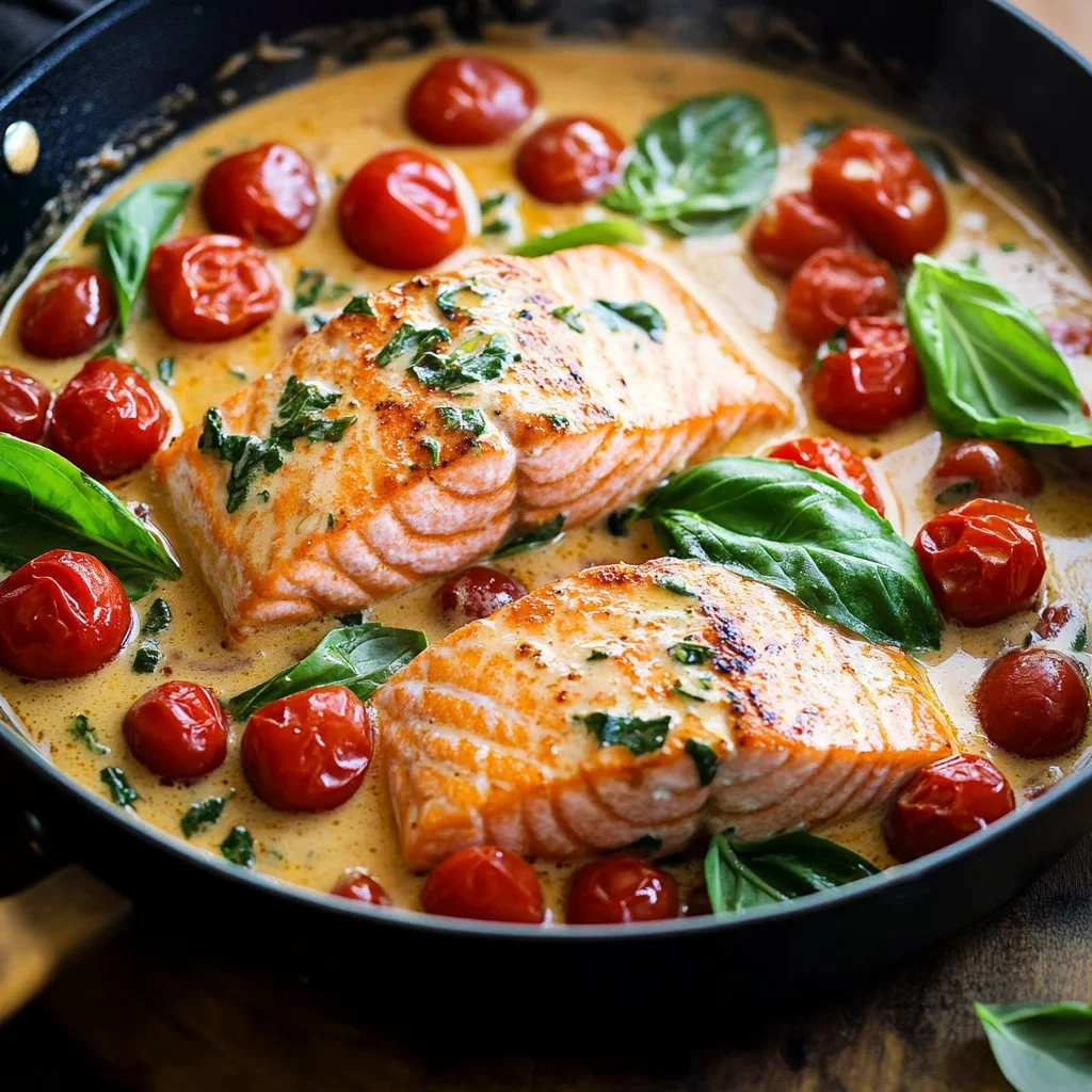 Plato de Salmón Toscano Cremoso con guarnición.
