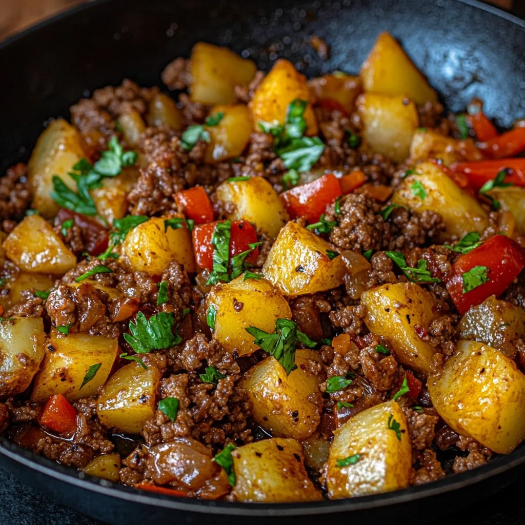 Platillo de Salteado Mexicano de Carne Molida con Papas servido en un plato.