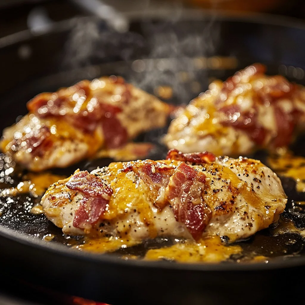 Sartén de pollo con tocino y rancho Blackstone cocinándose en la parrilla.