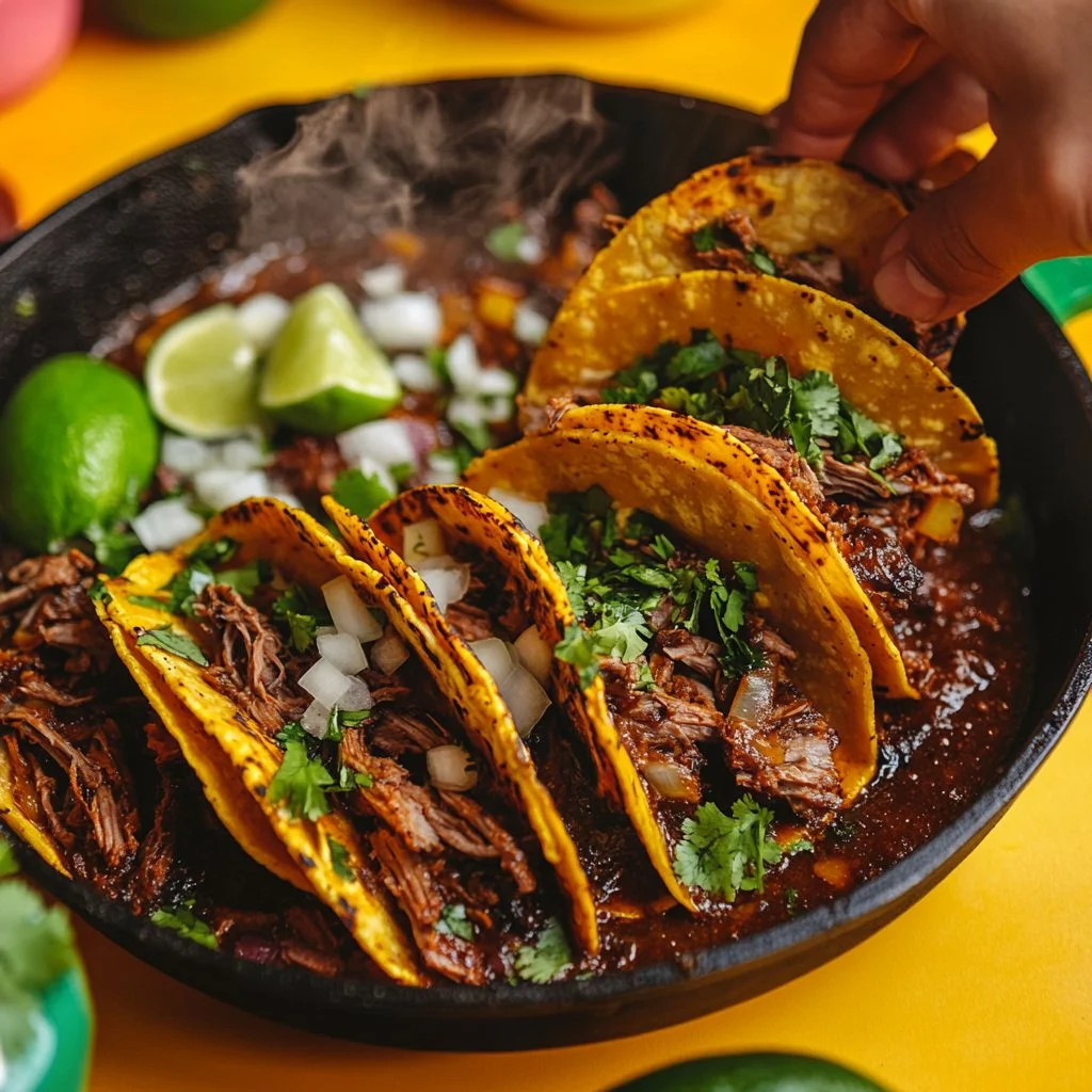 Deliciosos Tacos Birria con consomé y cebolla fresca.