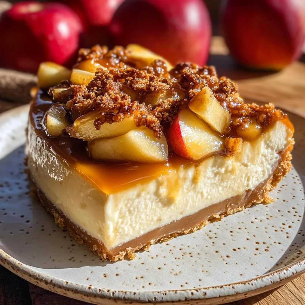 Tarta de queso de manzana con caramelo salado, un postre exquisito y atractivo.