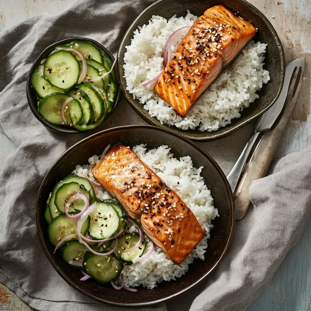 Tazón de arroz con salmón saludable en un plato blanco