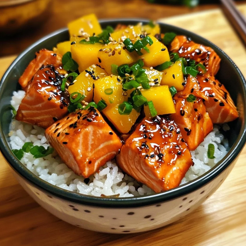 Tazón de arroz con salmón teriyaki y mango, una deliciosa receta saludable.