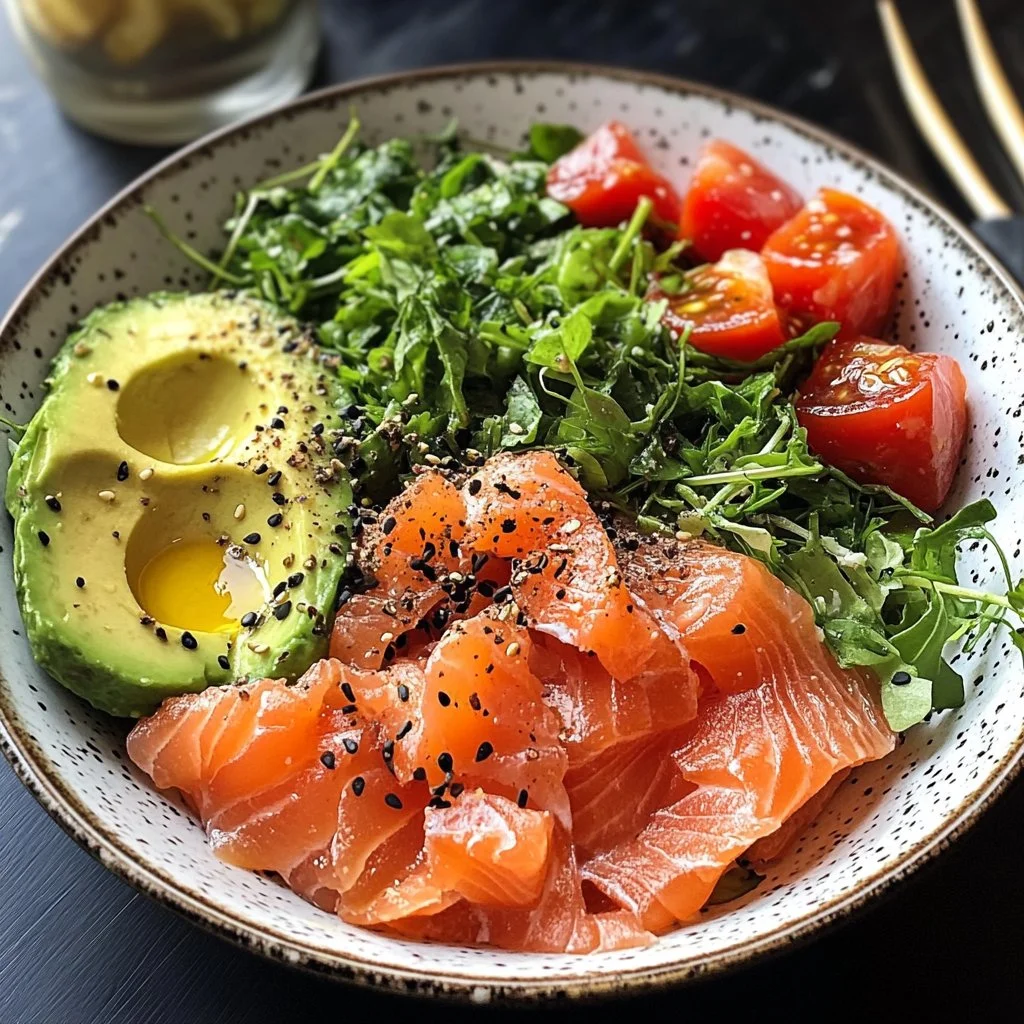 Tazón de desayuno de aguacate keto con salmón ahumado y acompañamientos frescos