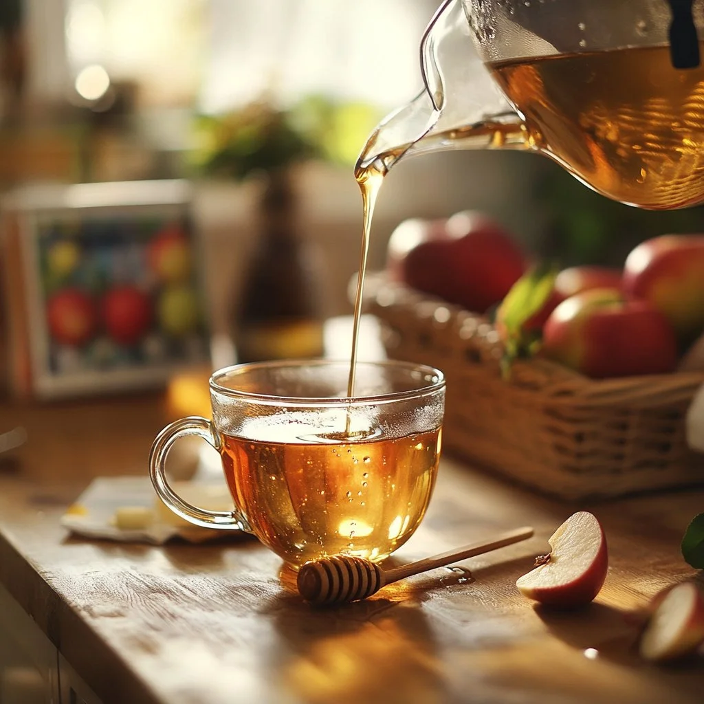 Taza de té de manzana caliente con rodajas de manzana fresca
