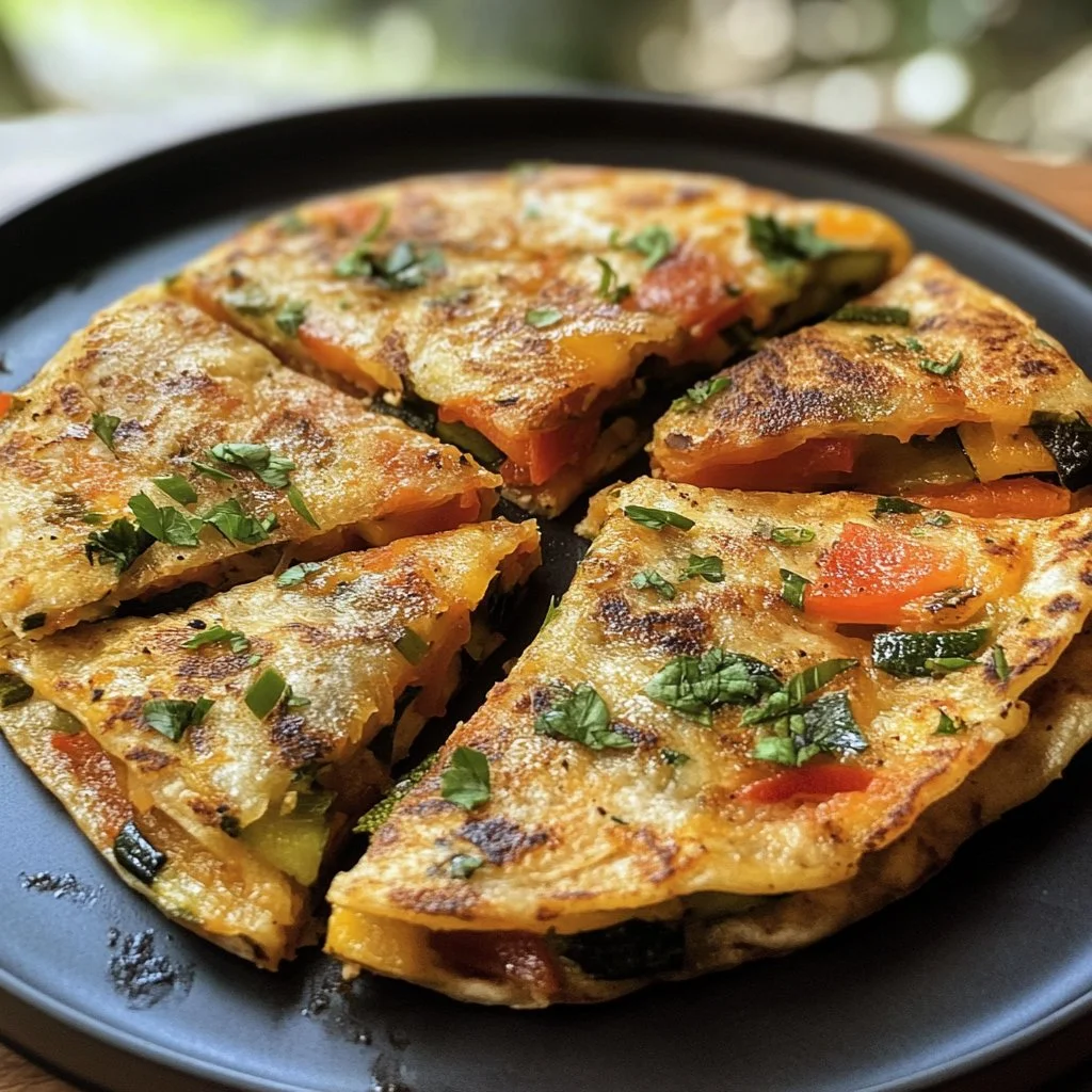 Tortilla de verduras nutritivas servida en un plato colorido.