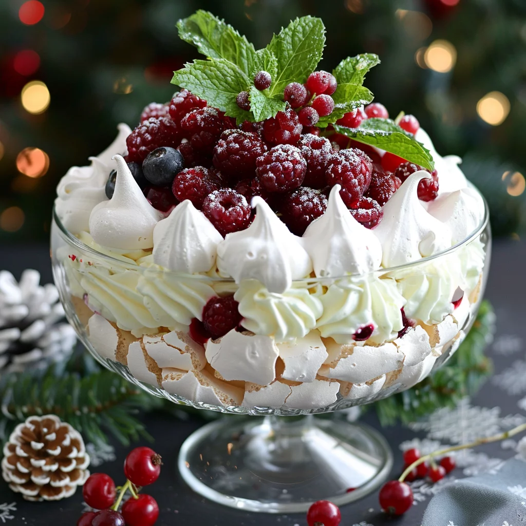 Trifle Navideño de Pavlova Con Frutos Rojos y Crema